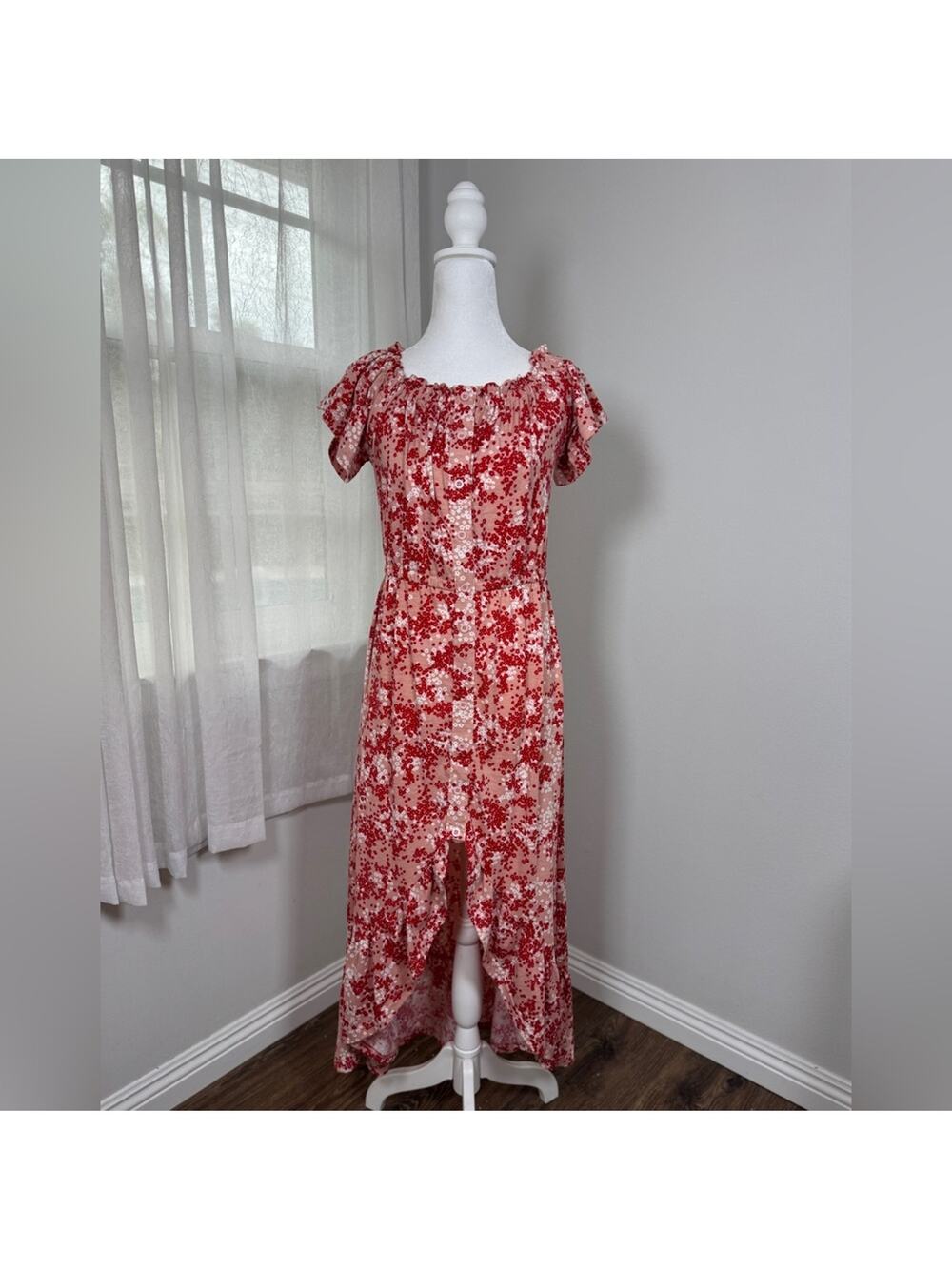 Pink, Red & White Floral Print Button Front Short Sleeve Stretchy High Low Dress